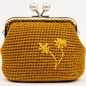 Resim Fabric Craft Bag Kadın Örgü Cüzdan Klipsli, Merserize İplik Çiçek Nakışlı Cüzdan Hardal Sarısı 