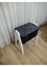 Resim Zigon Sehpa 4'lü Mermer Desenli Tepsi Model Siyah Mermer Desen Beyaz Ayak Siyah Mermer 