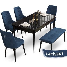 Resim Canisa Concept Taç Serisi 80 x 132 cm Siyah Mermer Desen Masa Takımı 4 Sandalye Gümüş Halkalı ve 1 Bench 