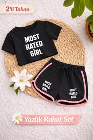 Resim Most Hated Girl Basklı Siyah Crop-Siyah Şort Takım 