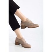 Resim Kadın Hakiki Deri Topuklu Oxford Ayakkabı - Taş 