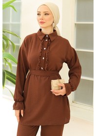 Resim Bestenur Fırfır Yaka Tunik Pantolon İkili Takım 930 - Kahve Kahverengi 