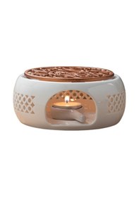 Resim Wezone Siyah Seramik Isıtıcı Tabanlı Beyaz Porselen Çay Isıtıcısı - Delikli Fırın + Sarı Çiçek Demir Üst + Mum Tutucu Çok Fonksiyonlu Set 