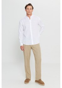 Resim AC&Co / Altınyıldız Classics Erkek Beyaz %100 Keten Comfort Fit Rahat Kesim Düğmeli Yaka Gömlek Beyaz 