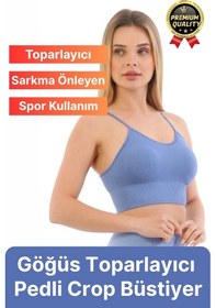 Resim Svein Göğüs Toparlayıcı Sarkma Önleyen Gündelik Spor Kullanım İnce İp Askılı Pedli Çizgili Crop Büstiyer Mavi 