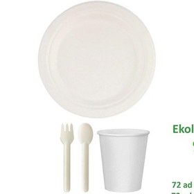 Resim Ekolojik Doğal 26 Cm. 72 Kişilik Parti Piknik Sofra Sunum Seti - Tabak Bardak Çatal Kaşık Takımı 