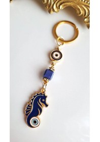 Resim Lüks Hediyelik Zirkon Taşlı Nazar Boncuklu Denizatı Şans Uğur Lacivert Anahtarlık 