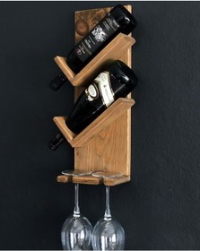 Resim Ahşap Şaraplık, 2 Şişe 2 Kadeh Bölmeli Şaraplık, Koyu Meşe 