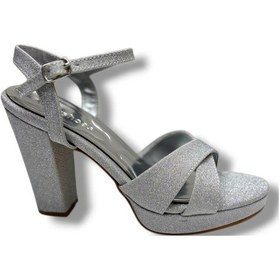 Resim Erbay 308-26 Simli Saten Çapraz Bant Kalın Topuk Kadın Sandalet 11cm Gümüş 
