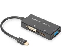 Resim AK-340419-002-S DisplayPort Çeviricisi/3 in 1 Multi-Media Kablosu<br>Kablolu, 0.20 metre<br>mini DP Erkek <-> Hdmi Dişi + Dvi Dişi + VGA Dişi<br>Siyah renk, altın kaplama 