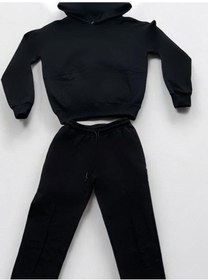Resim Erkek Çocuk Kapüşonlu Parmak Geçirme Detaylı Sweat Eşofman Takım-14286 Siyah 
