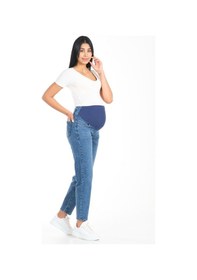Resim Busa Hamile Esnek Karın Bantlı Arka Kemerli Mom Fit Kot Pantolon Mavi-mavi 