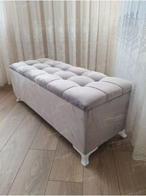 Resim Çizgi Kapitoneli Sandıklı Puf 90 Cm Beyaz Ayak Gri 