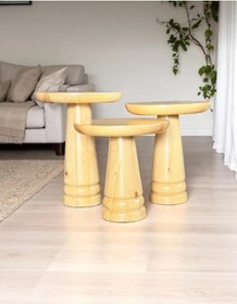 Resim AYLESA Doğal Ahşap 3’lü Set Mantar Yan Sehpa Modern Vernikli Fiskos Zigon Çiçeklik 