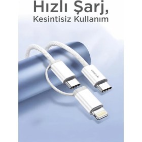 Resim Torima Şarj Kablosu Type-C to Type-C Lightning Hızlı 65W 2IN1 Data Kablo U16 Beyaz 