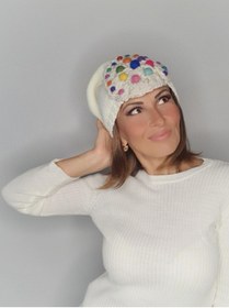 Resim Senbeno Design El Örgü Motif Işlemeli Özgün Tasarım Uzun Triko Ekru Kadın Bere 