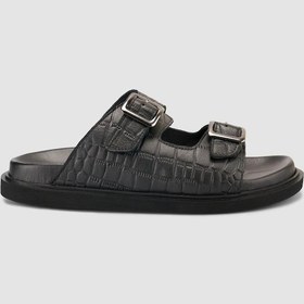 Resim %100 Hakiki Deri Croco Desen Siyah Erkek Terlik Siyah 