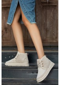 Resim Mini Kürk Astarlı Alçak Taban Bağcıklı Rahat Kadın Bot Bej 