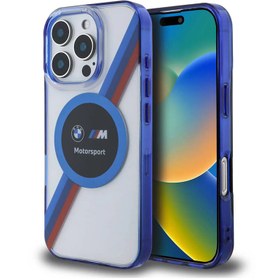Resim iPhone 16 Pro Uyumlu Kılıf BMW Lisanslı Magsafe Özellikli M Logolu Üç Renk Çizgili Motorsport 