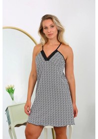 Resim Moda Çizgi Kadın Pamuk İp Askılı Desenli Büyük Beden Gecelik 999 Beyaz 