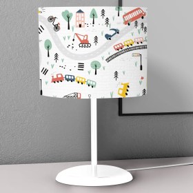 Resim instababyrooms Beyaz Yol ve Arabalar Desenli Çocuk Odası Dijital Baskılı Çocuk Odası Masaüstü Abajur Avize 