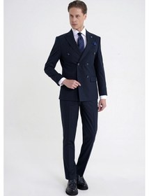 Resim Efor Slim Fit Çift Yırtmaç Esnek Silik Çizgili Lacivert Kruvaze Takım Elbise Tk 946 
