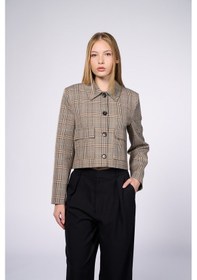 Resim Thalure Kadın Kahverengi Ekoseli Crop Blazer Kahverengi 
