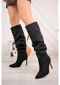 Resim Syt-2003 Siyah Süet Körüklü İnce Topuklu Günlük Bayan Çizme Çok Renkli 