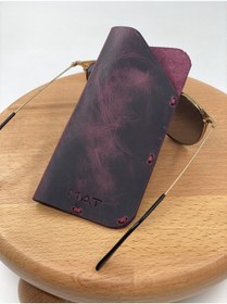 Resim MAT Deri Rayban Gözlük Kabı Mor Efektli Hakiki Deri El Yapımı Slim Okuma Gözlük Kılıfı 