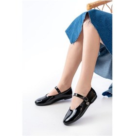 Resim Aska Shoes İnf-324 Baretli Tokalı Günlük Kadın Babet Siyah Rugan 
