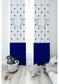 Resim Mekta Home Bebek Ve Çocuk Odası Başak Ve Yıldız Desenli Mavi Gri Çerçeveli 2 Kanat Fon Perde 