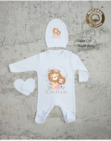 Resim yzc home size dair... E78 T Isme Özel Isimli Baskılı Bebek Tulum Şapka Eldiven Set Hastane Çıkışı 