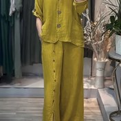Resim 2 adet Kadınların Gündelik Polyester Pantolon Takımı, Kapüşonlu Kardigan, Düz Renk, Düğme Detayı, Dokuma Hafif Kıyafet Bahar/Yaz için 