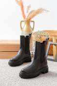 Resim beelleshoe Beelle Shoe Kadın OTTİLLİA Siyah Cilt Dikişli Yandan Lastikli Kalın Taban Günlük Bot & Bootie 