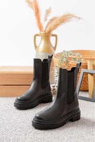 Resim beelleshoe Beelle Shoe Kadın OTTİLLİA Siyah Cilt Dikişli Yandan Lastikli Kalın Taban Günlük Bot & Bootie 