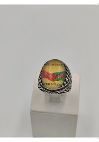 Resim "iki Devlet Tek Millet" Damla Kehribar Taşlı 925 Ayar 24 Mm 7,90 Gr. Erkek Yüzüğü Sarı 