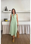 Resim Keten Önden Düğmeli Kolsuz Gömlek Yaka Elbise - Mint Çok renkli 