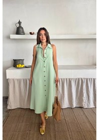 Resim Keten Önden Düğmeli Kolsuz Gömlek Yaka Elbise - Mint Çok renkli 