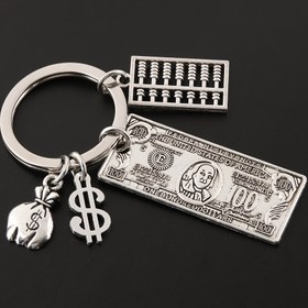 Resim Dolar ve hesap makinesi figürleriyle süslü eğlenceli bir anahtarlık, şık klasik tarz kolye, araba ve çanta anahtarı için 