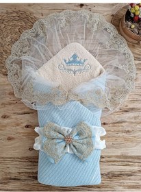 Resim Yenidoğan Kuzulu Taç Nakış Güpürlü Fiyonklu Duvaklı Prizma Taş Unisex Kundak Bebek Battaniyesi Çok Renkli 