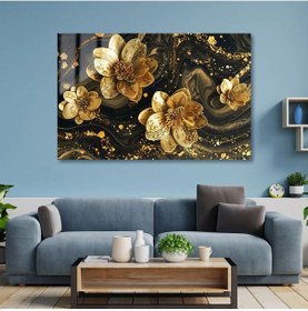 Resim Altın Dokunuşlu Zarafet: Siyah Mermer Üzerinde Parlayan Çiçekler Cam Tablo 