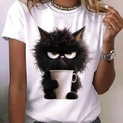 Resim Kedi Desenli T-shirt, İlkbahar ve Yaz İçin Rahat Kısa Kollu Mürettebat Yaka Üst, Kadın Giyim 