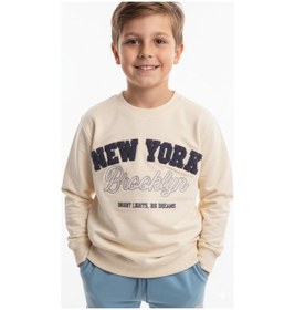 Resim Erkek Çocuk New York Brooklyn Baskılı Eşofman Takımı Rahat Kalıp, Yumuşak Kumaş, 2 Li Sweat Krem 