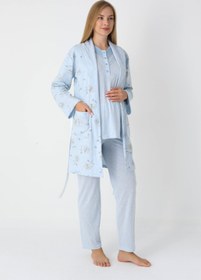 Resim Çiçek Desenli Penye Sabahlıklı 3'lü Hamile Lohusa Pijama Takımı - 3452 - Mavi / L / Terlik ve Taç Seti İstemiyorum 