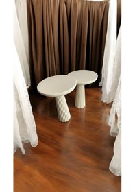 Resim Wood Wooden Ahşap Krem Renk 2'li Set Mantar Yan Sehpa Fiskos Çiçeklik Decorative Beyaz 