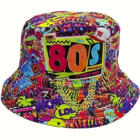 Resim 80'ler Retro Pop Sanatı Grafiti Kovboy Şapkası - Cesur 80'lerin Grafik Baskılı, %100 Polyester, Erkek ve Kadınlar için Ayarlanabilir Kayışlı, Vintage Sokak Stili Moda Aksesuarı, Vintage Şapka 