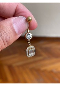 Resim Cerrahi Çelik Piercing Kare Baget Taşlı Piercing Baget Taşlı Göbek Piercingi Gold 