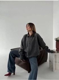 Resim Deri Yakalı Pamuk Dokulu Çift Taraflı Çalışan Fermuar Ceket - Füme Füme 