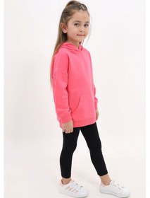 Resim Toontoy Kids Toontoy Kız Çocuk 2'li Takım Baskılı Kapüşonlu Düşük Omuz Cepli Yırtmaçlı Sweatshirt & Basic Düz Tayt Fuşya 