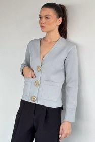 Resim Çift Cepli Düğmeli Triko Ceket (s,m,l Uyumludur) Açıkgri TZL-P-00018218 